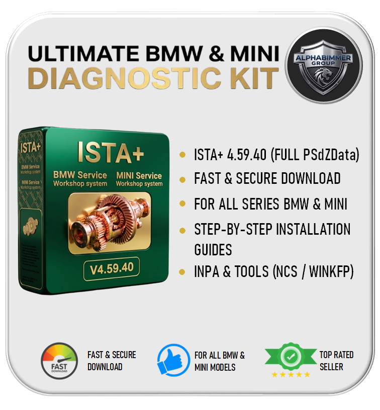 ISTA+ BMW Service and Mini Service Workshop system software box shown in front of a computer screen interface listing features such as diagnostics, programming, wiring diagrams, test plans, module updates, adaptations, and more.
Download bmw ISTA diagnostic for bmw 4.59.40 INPA & Tools F Series G Series R Series E Series programming Diagnostic.