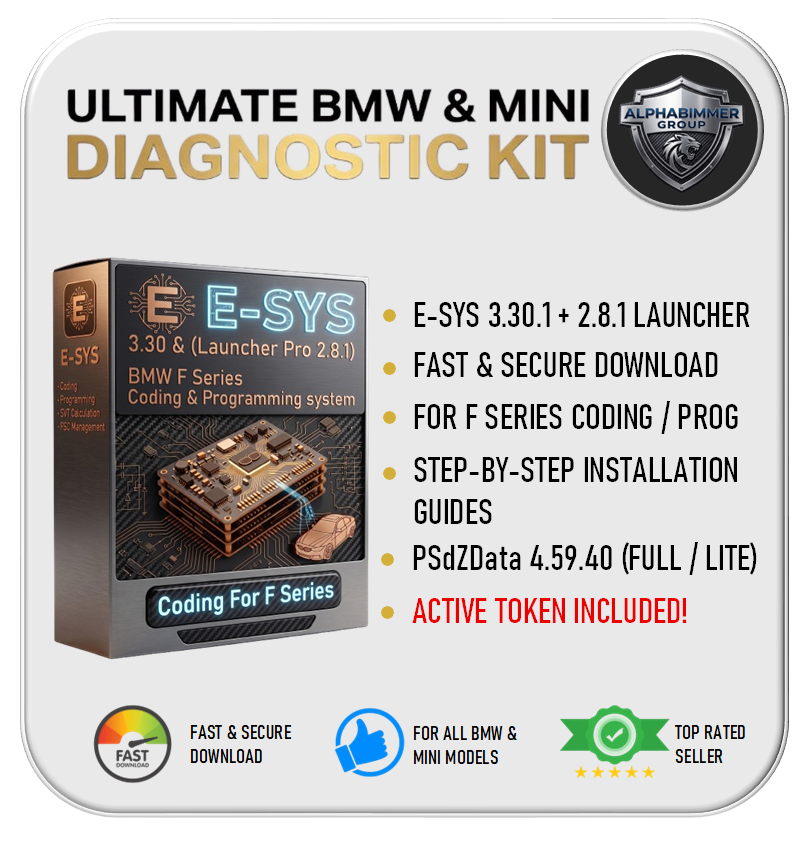 Promotional graphic for E-SYS Advanced Coding (F Series) by Alphabimmer Group, featuring a software box, a BMW F series car, and a large Alphabimmer Group shield logo. 3.30.1 and 2.8.1 launcher pro, psdzdata 4.59.40, download F series coding programming