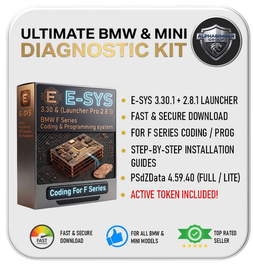 Promotional graphic for E-SYS Advanced Coding (F Series) by Alphabimmer Group, featuring a software box, a BMW F series car, and a large Alphabimmer Group shield logo. 3.30.1 and 2.8.1 launcher pro, psdzdata 4.59.40, download F series coding programming