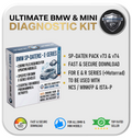 Promotional graphic for the Ultimate BMW & Mini Diagnostic Kit, showing a software box illustration, bullet points about SP-DATEN pack v73 & v74, and compatibility with NCS / WINKFP / ISTA-P on a light gray background.