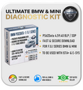 Promotional graphic for the Ultimate BMW & Mini Diagnostic Kit, showing a software box illustration, PsdZData F-G/i Series programming data, bullet points of features, and rating icons on a light gray background. 4.59.40 for ISTA+ and E-SYS download, programming data