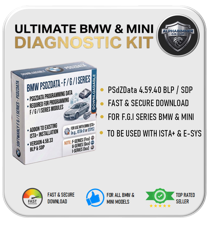 Promotional graphic for the Ultimate BMW & Mini Diagnostic Kit, showing a software box illustration, PsdZData F-G/i Series programming data, bullet points of features, and rating icons on a light gray background. 4.59.40 for ISTA+ and E-SYS download, programming data