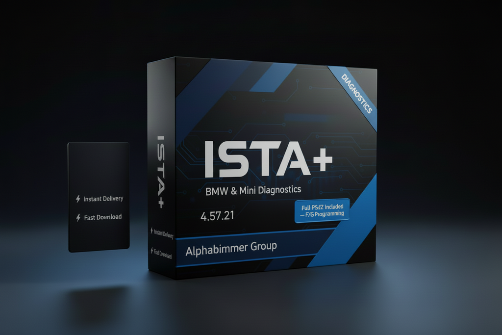 software box diagnostic product labeled ISTA+ BMW & Mini Diagnostics, shown as a tall black box with blue and white graphics, alongside a small black card that reads Instant Delivery and Fast Download, on a dark studio background. ISTA+ 4.57.21, F G Series, download