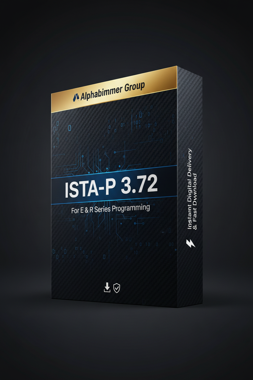software box for 'ISTA-P 3.72' by Alphabimmer Group, designed for E & R Series Programming, shown on a dark gradient background. Programming, coding, download