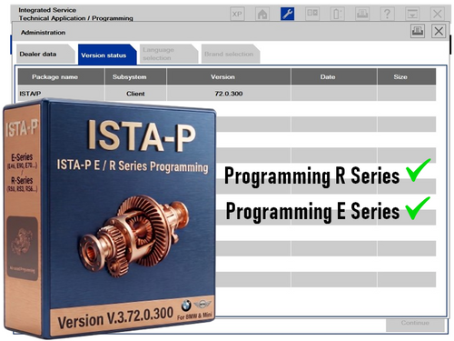 ISTA-P E / R Series Programming software box shown in front of a computer application window with tabs and a table, plus text reading 'Programming R Series' and 'Programming E Series' with green check marks.
