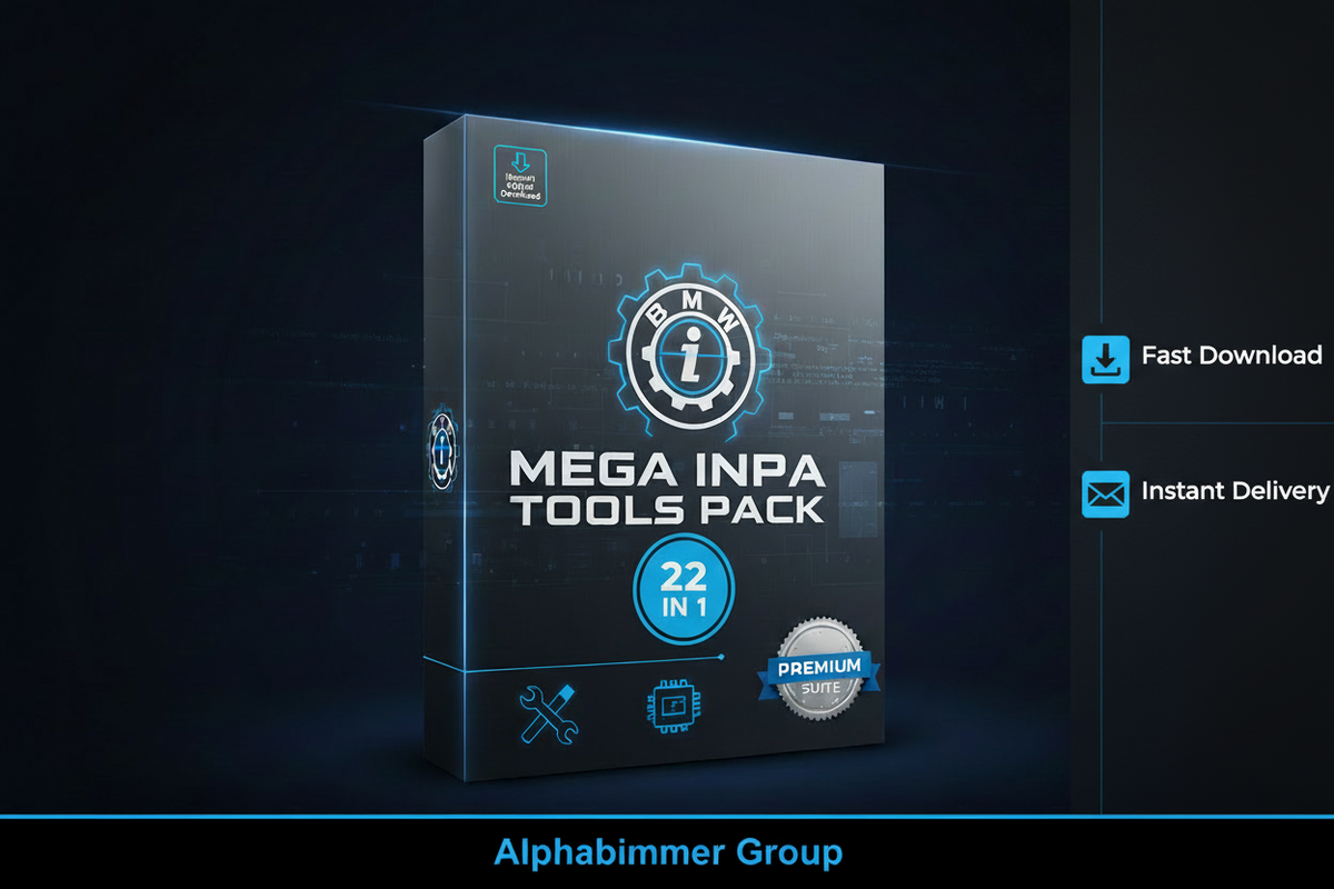 Digital product box for 'Mega Inpa Tools Pack 22 in 1' by Alphabimmer Group, shown on a dark blue background with 'Fast Download' and 'Instant Delivery' callouts. INPA, NCS, WINKFP, ITOOL RADAR