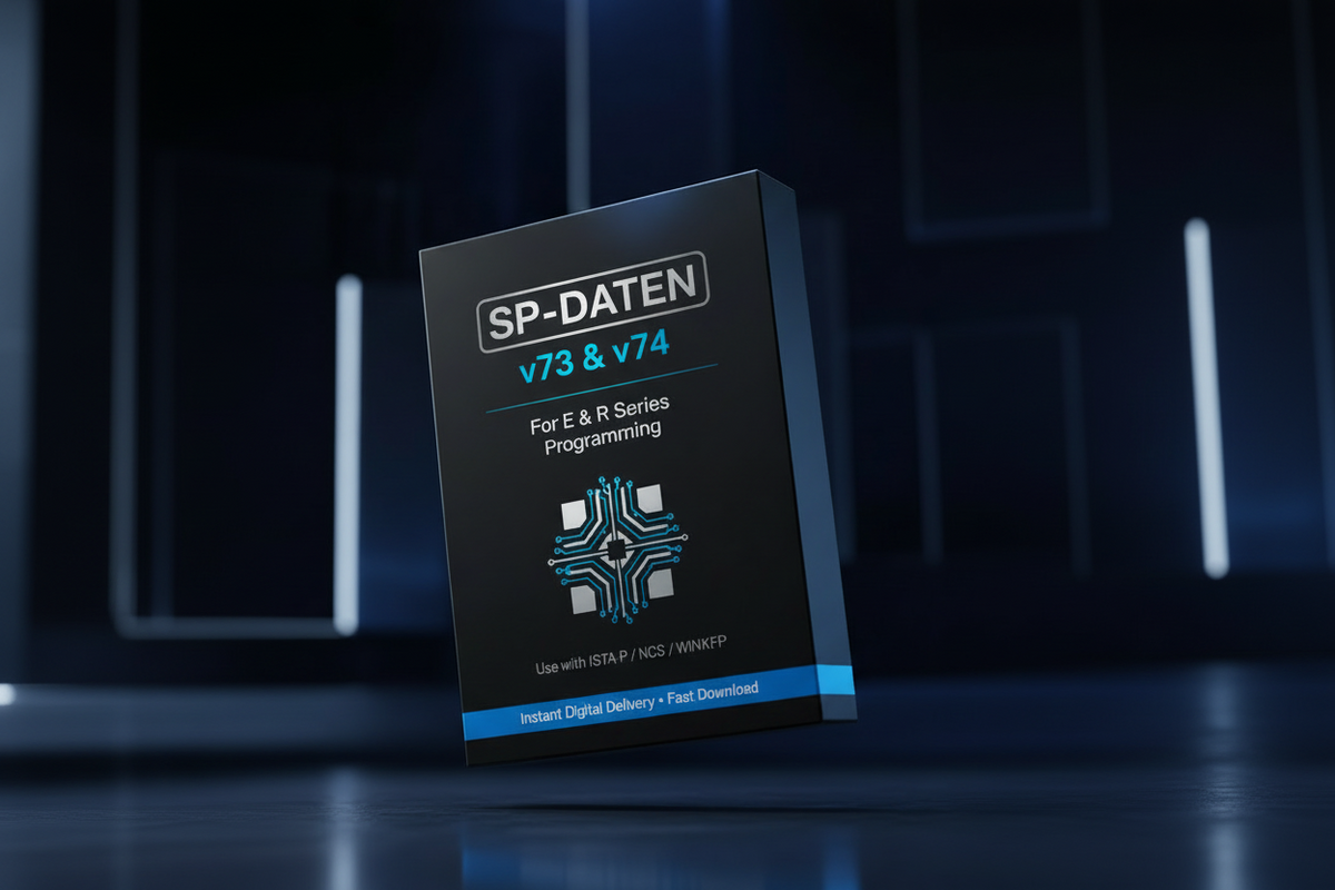 software box labeled SP-DATEN v73 & 74 for ISTA-P, NCS and WINKFP programming coding modules firmware E R Series BMW MINI